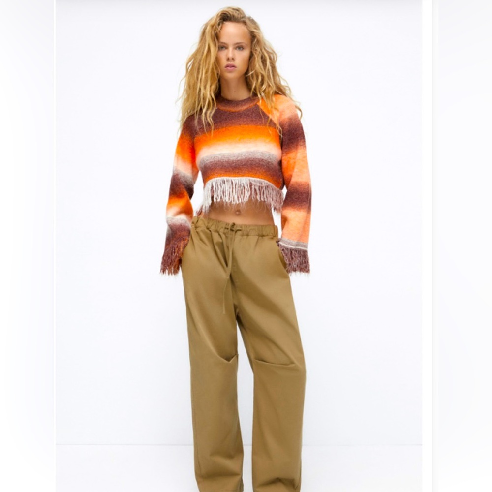 Zara Boho Fringe Knit Striped Sweater